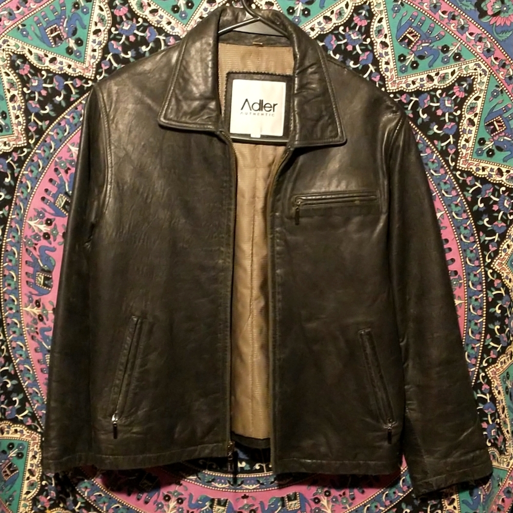 Adler Classic Black Leather Lambskin Motorcycle Jacket. Men's size Small.